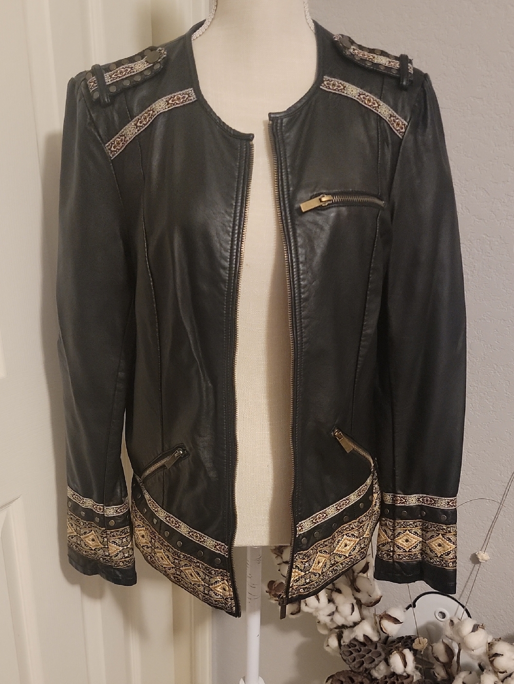 Buckle Black Jacket with Gold Embroidered Trim